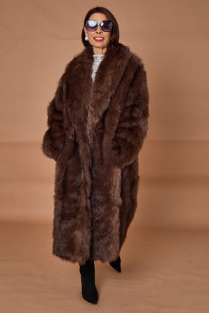 Calgary faux fur long coat in chocolate