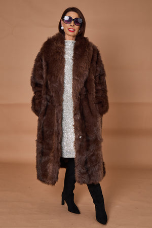Calgary faux fur long coat in chocolate