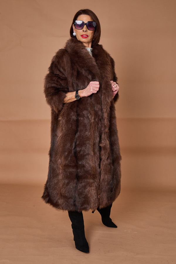 Calgary faux fur long coat in chocolate