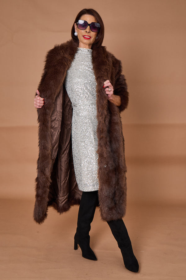 Calgary faux fur long coat in chocolate