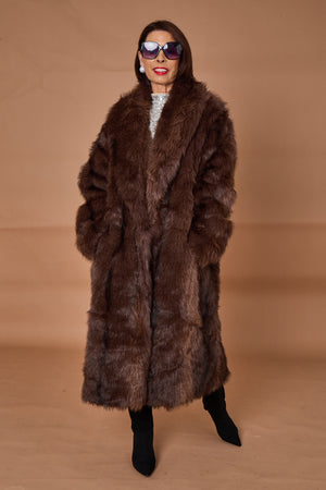 Calgary faux fur long coat in chocolate