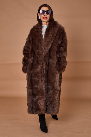 Calgary faux fur long coat in chocolate