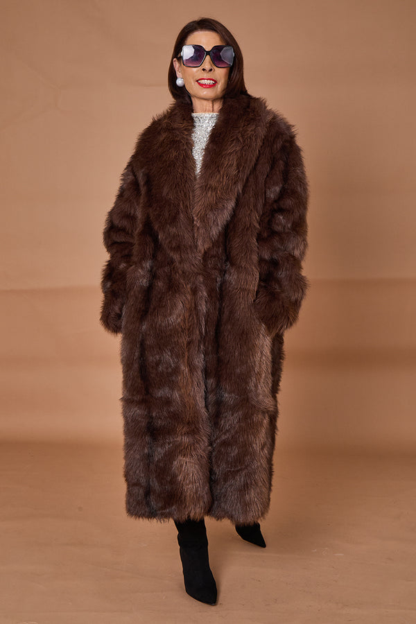 Calgary faux fur long coat in chocolate