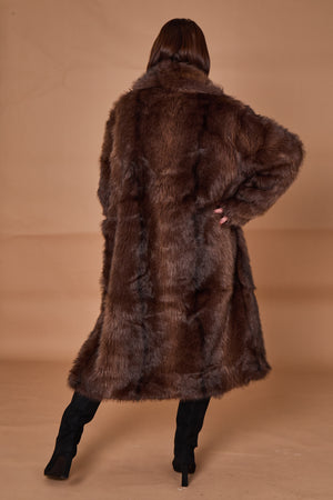 Calgary faux fur long coat in chocolate