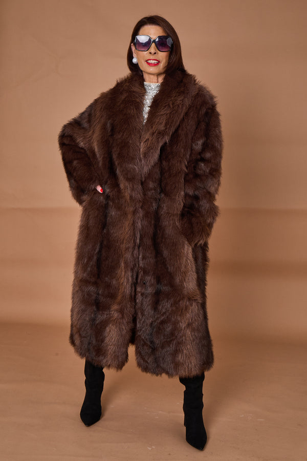 Calgary faux fur long coat in chocolate