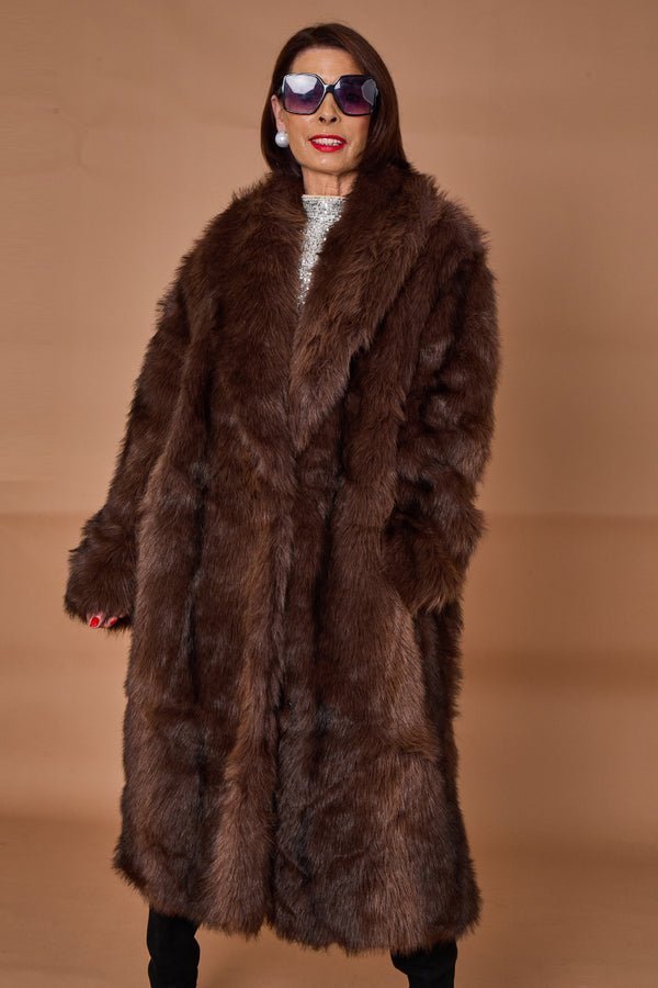 Calgary faux fur long coat in chocolate