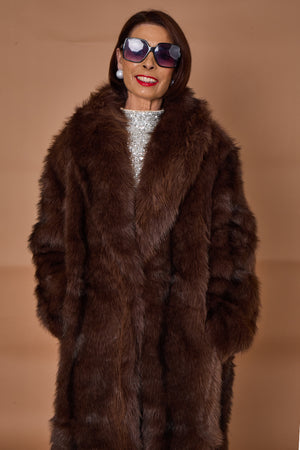 Calgary faux fur long coat in chocolate