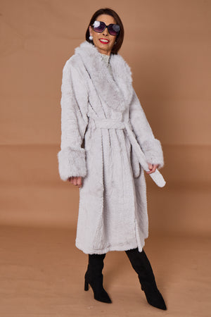 Vancouver faux fur long coat in light grey