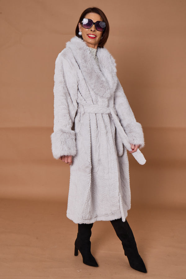 Vancouver faux fur long coat in light grey