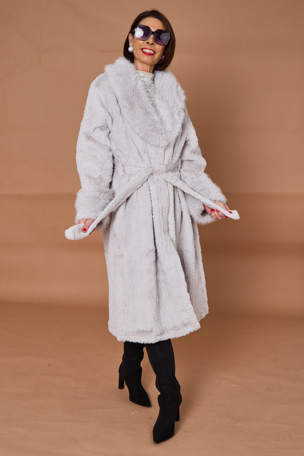 Vancouver faux fur long coat in light grey