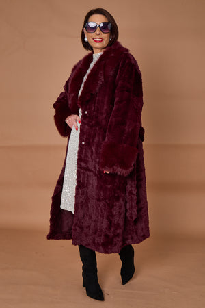 Vancouver faux fur long coat in mulberry