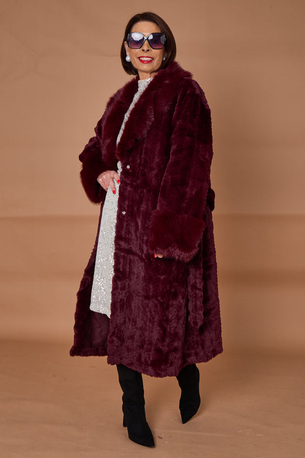 Vancouver faux fur long coat in mulberry