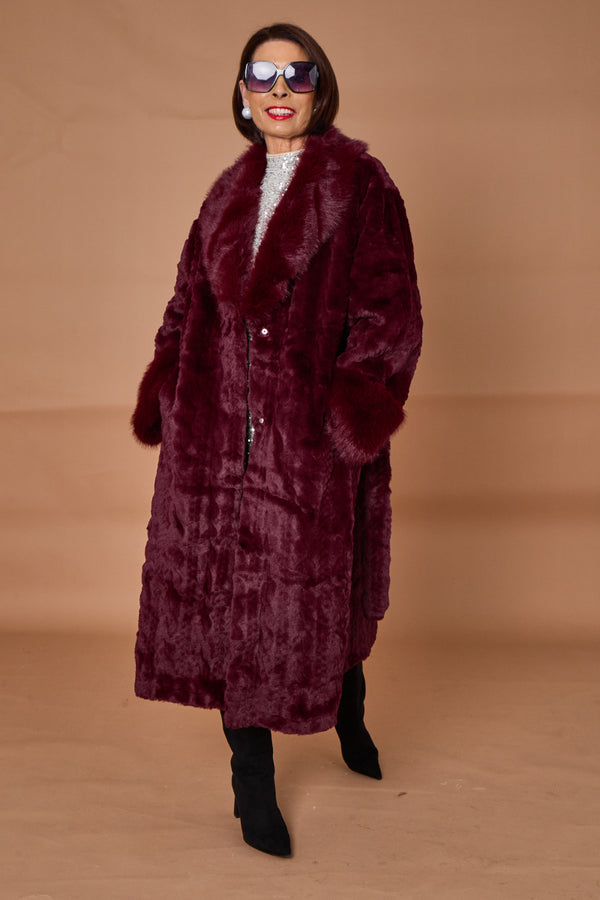Vancouver faux fur long coat in mulberry