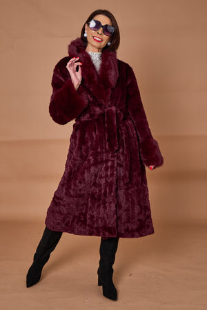 Vancouver faux fur long coat in mulberry
