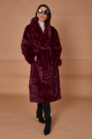 Vancouver faux fur long coat in mulberry
