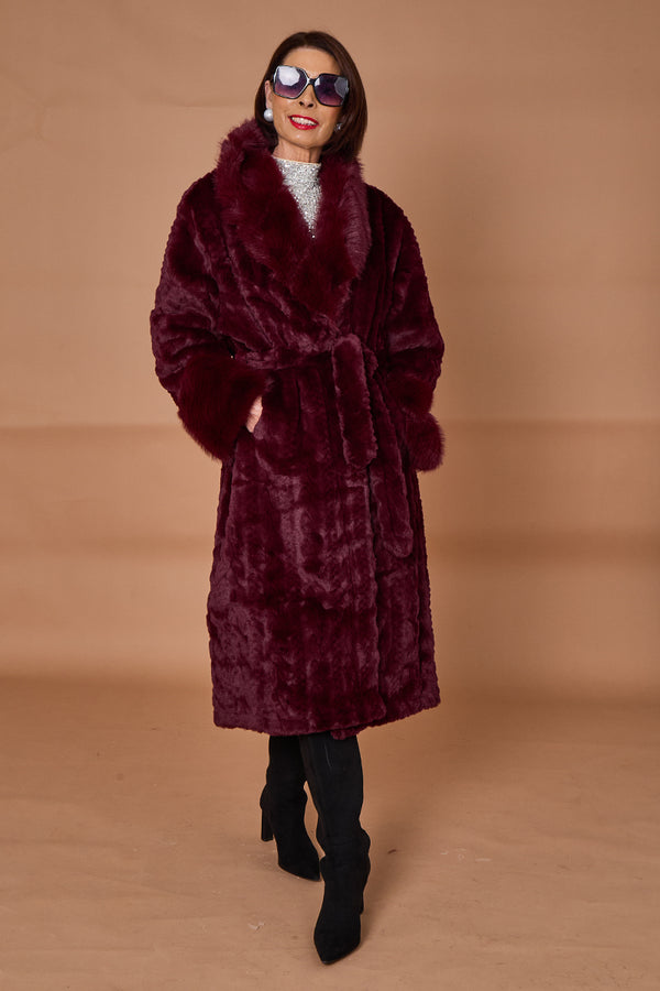 Vancouver faux fur long coat in mulberry