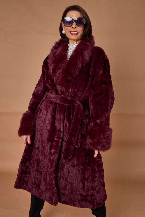 Vancouver faux fur long coat in mulberry