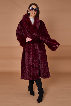 Vancouver faux fur long coat in mulberry