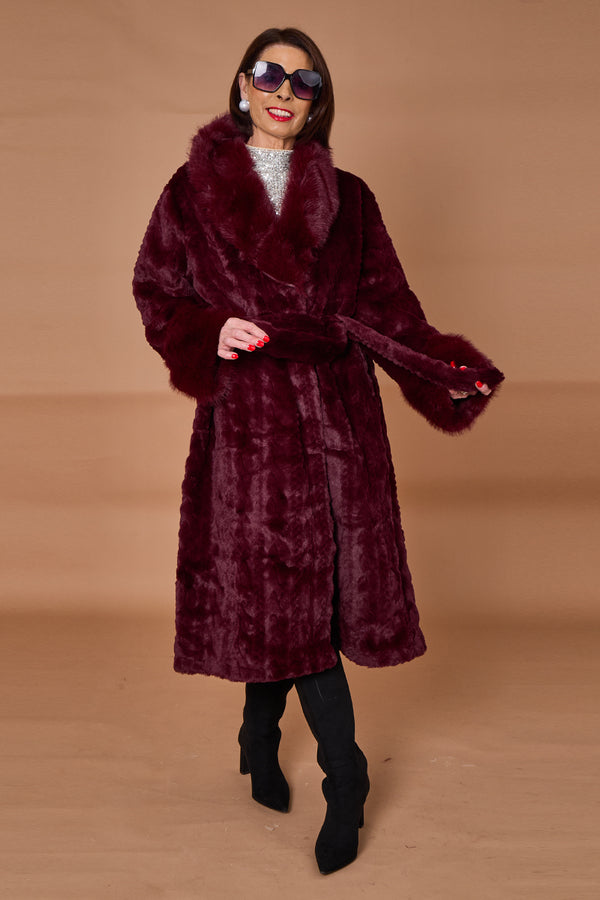 Vancouver faux fur long coat in mulberry