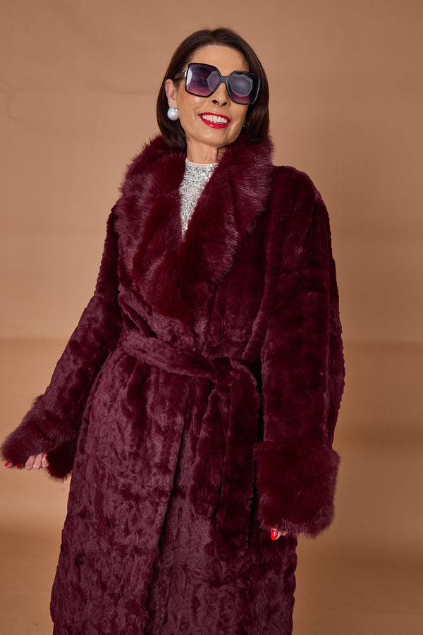 Vancouver faux fur long coat in mulberry