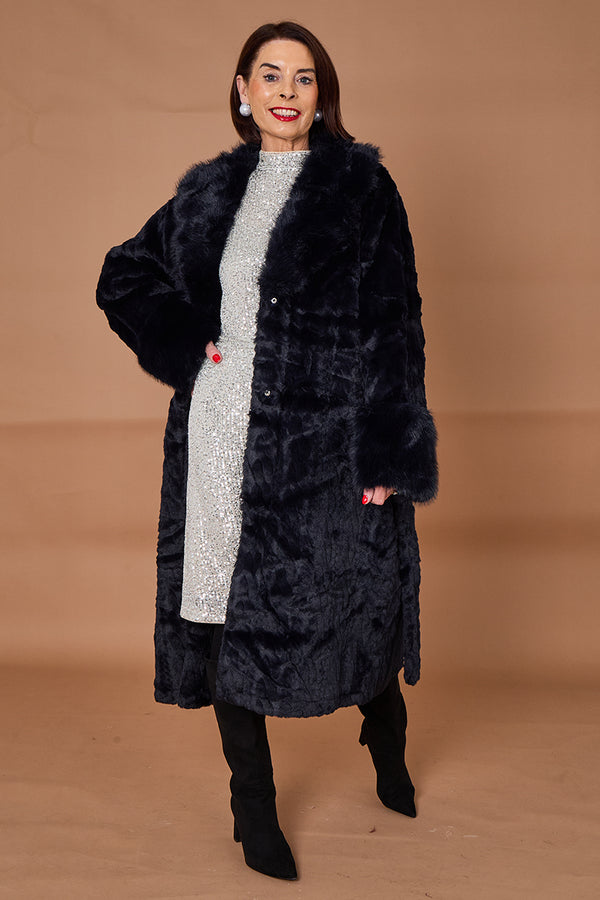 Vancouver faux fur long coat in navy