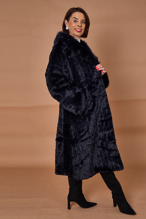Vancouver faux fur long coat in navy