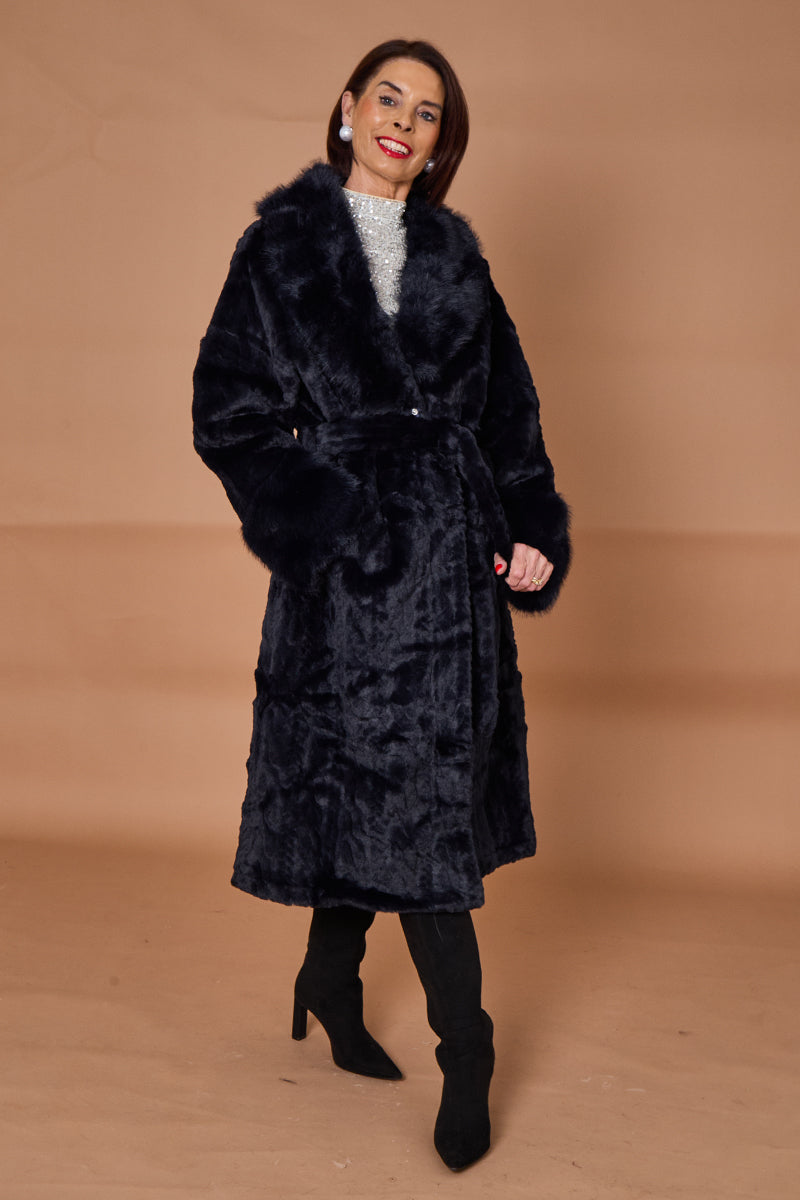 Vancouver faux fur long coat in navy