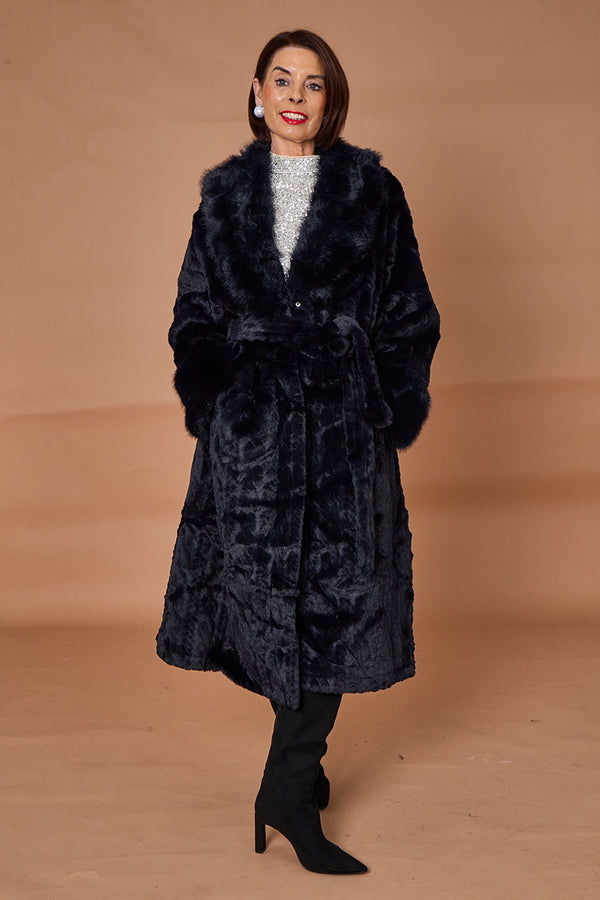 Vancouver faux fur long coat in navy