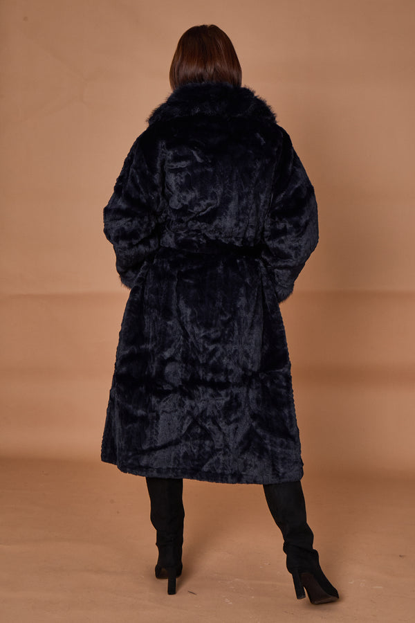 Vancouver faux fur long coat in navy