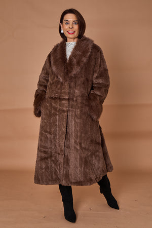 Vancouver faux fur long coat in chocolate