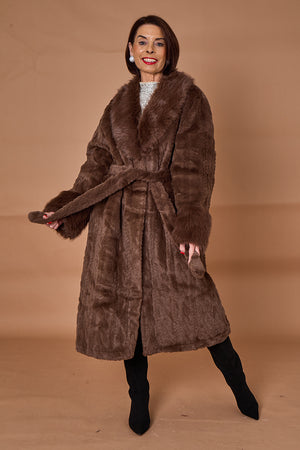 Vancouver faux fur long coat in chocolate