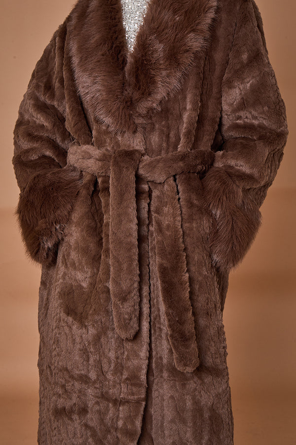 Vancouver faux fur long coat in chocolate