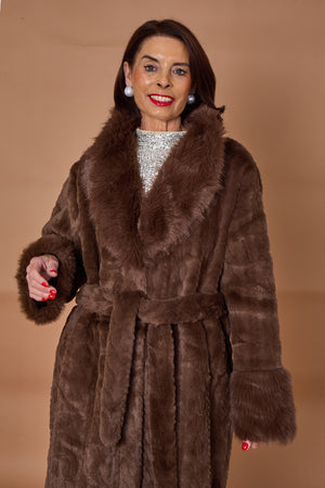Vancouver faux fur long coat in chocolate