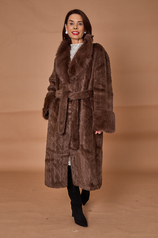 Vancouver faux fur long coat in chocolate