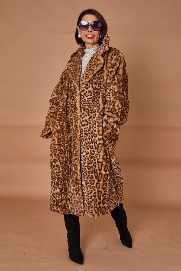 Edmonton Faux fur long coat in dark leopard