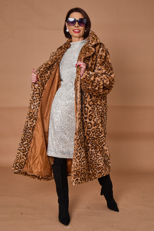 Edmonton Faux fur long coat in dark leopard