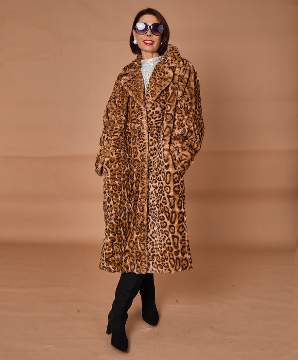Edmonton Faux fur long coat in dark leopard