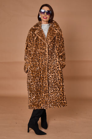 Edmonton Faux fur long coat in dark leopard