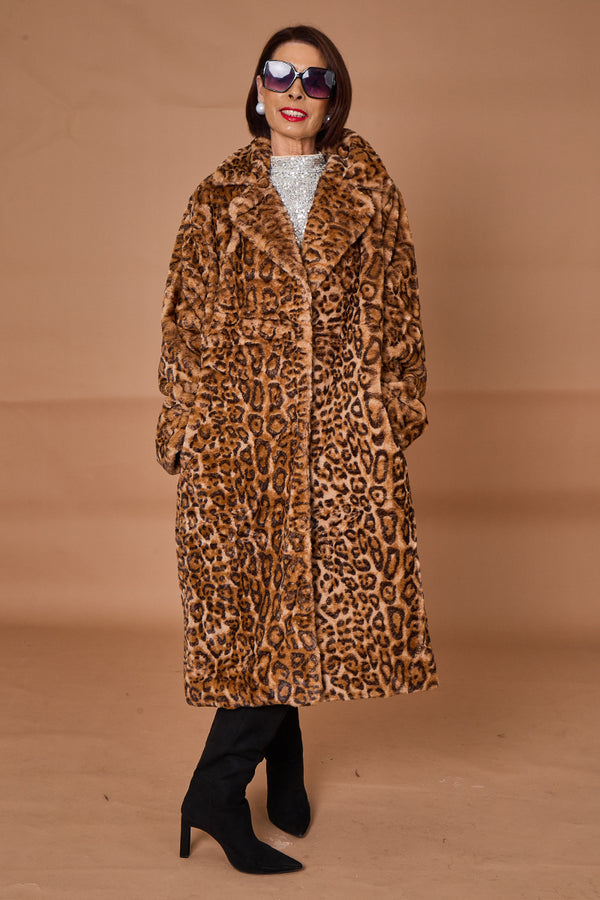 Edmonton Faux fur long coat in dark leopard
