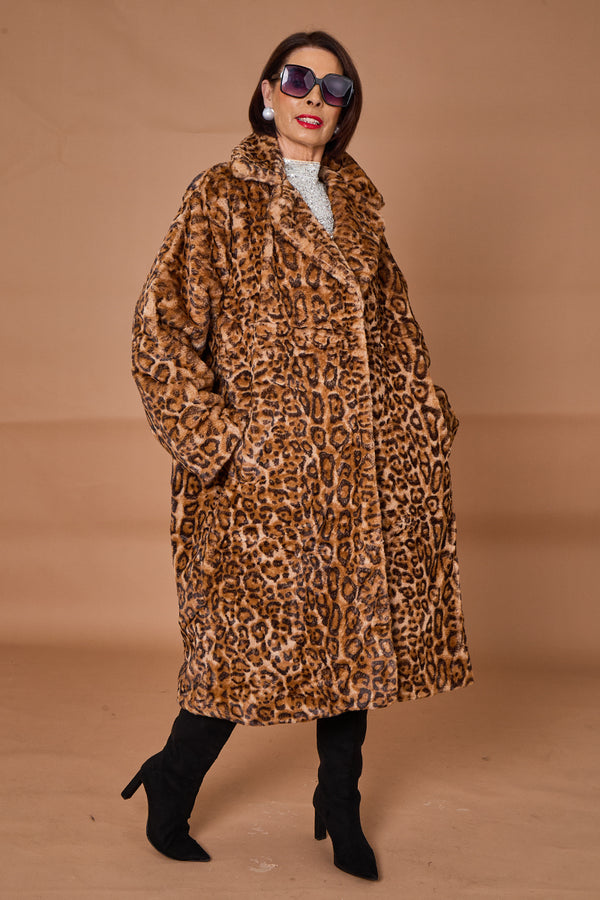 Edmonton Faux fur long coat in dark leopard