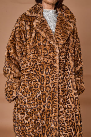 Edmonton Faux fur long coat in dark leopard
