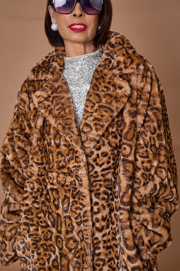 Edmonton Faux fur long coat in dark leopard