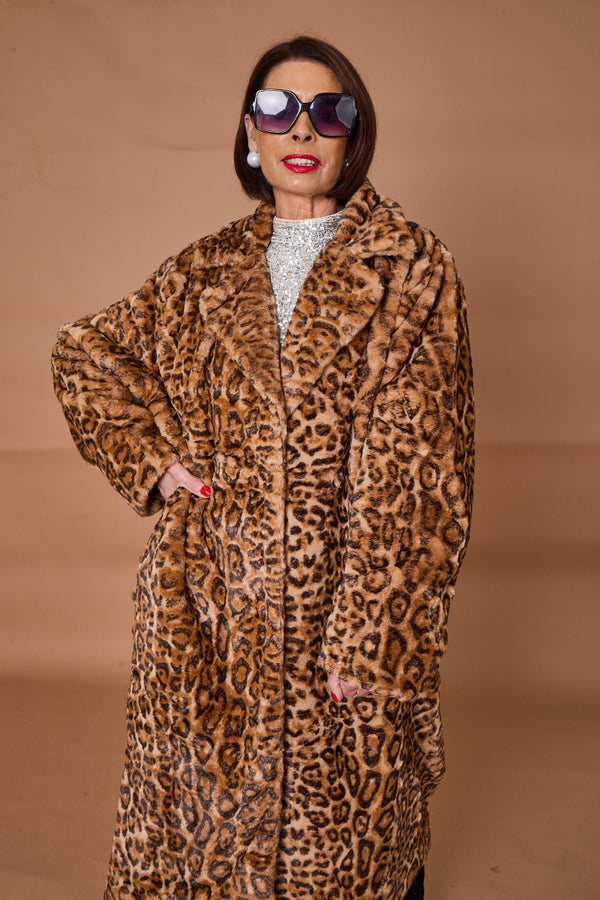 Edmonton Faux fur long coat in dark leopard