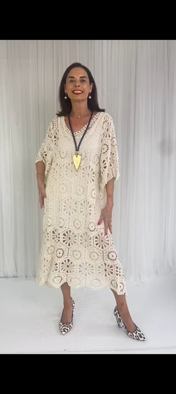 Ariana Crochet Bell Sleeve Dress in Warm Beige