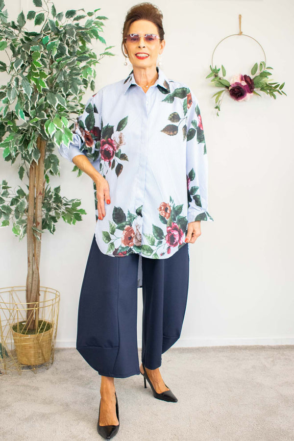 Peggy Pinstripe Flowered Shirt In Navy and White