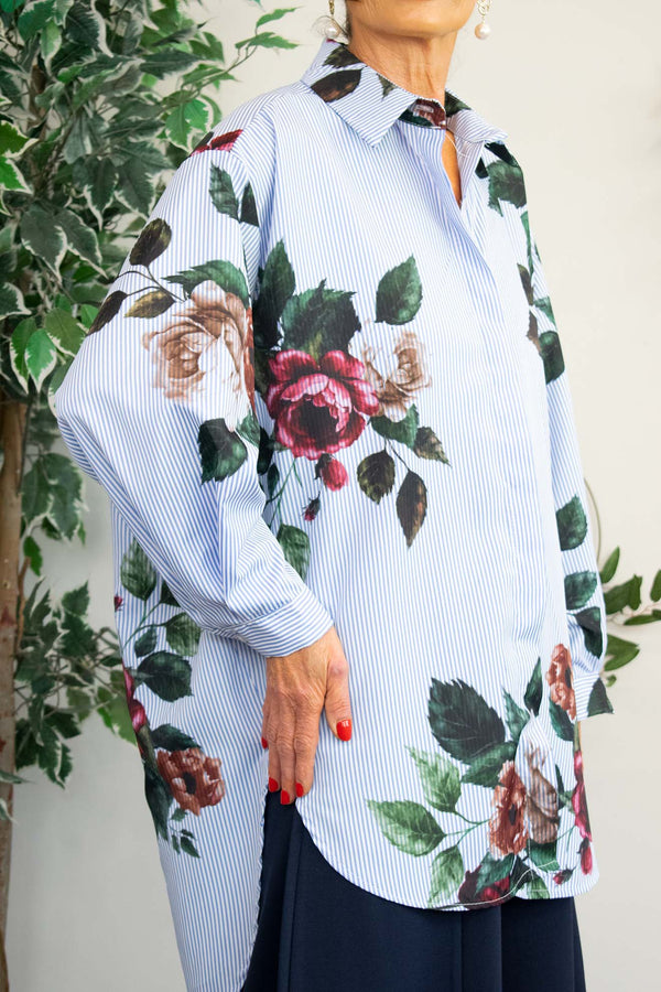 Peggy Pinstripe Flowered Shirt In Navy and White