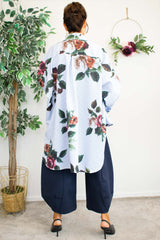 Peggy Pinstripe Flowered Shirt In Navy and White