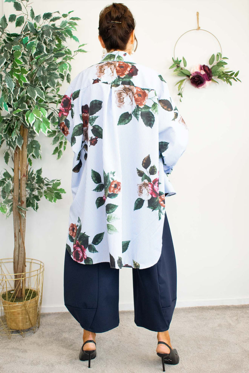 Peggy Pinstripe Flowered Shirt In Navy and White