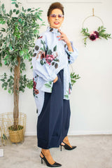 Peggy Pinstripe Flowered Shirt In Navy and White