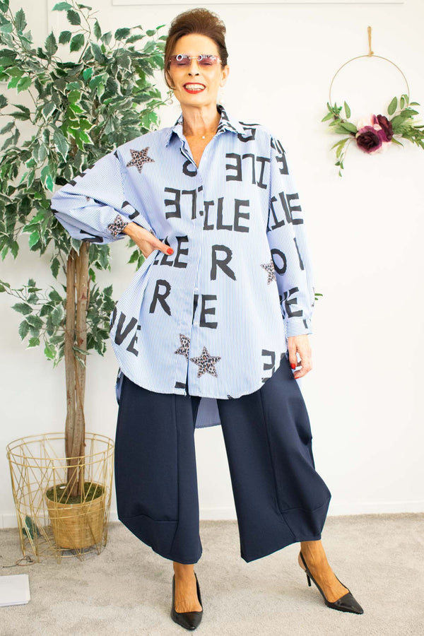 Sabrina Pinstripe Letter Shirt with Leopard Heart
